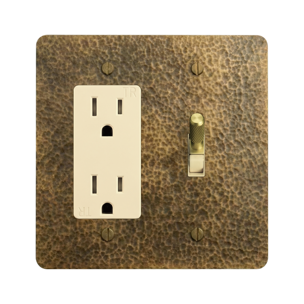 Hammered Brass 2-Gang Duplex Outlet & Toggle Switch Plate in Ivory