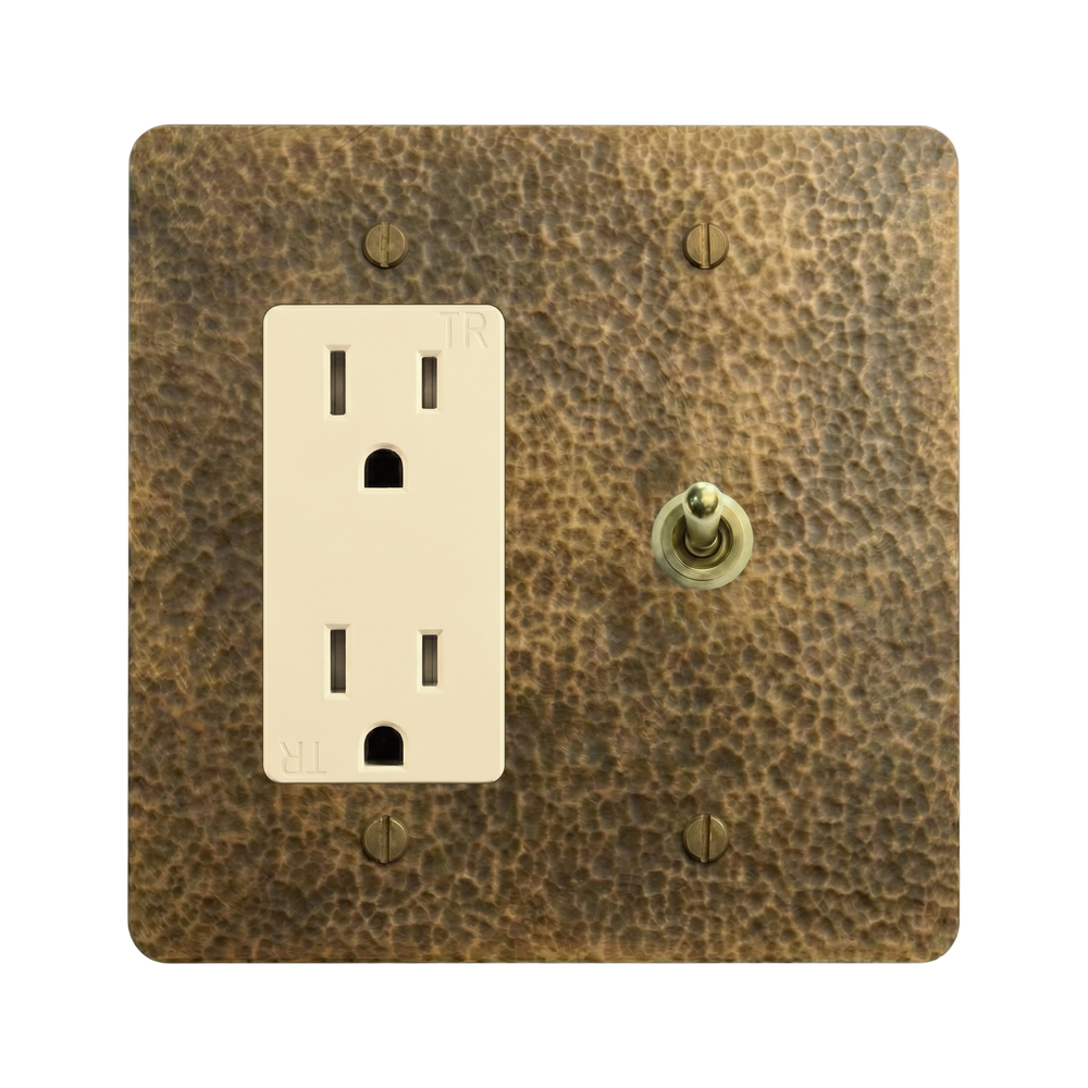 Hammered Brass 2-Gang Duplex Outlet & Vintage Toggle Switch Plate in Ivory
