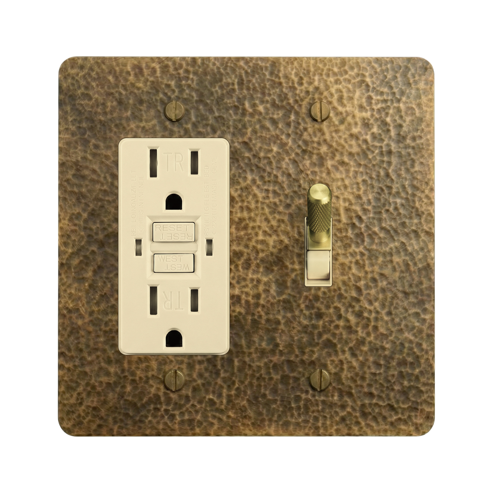 Hammered Brass 2-Gang GFCI Outlet & Toggle Switch Plate in Ivory