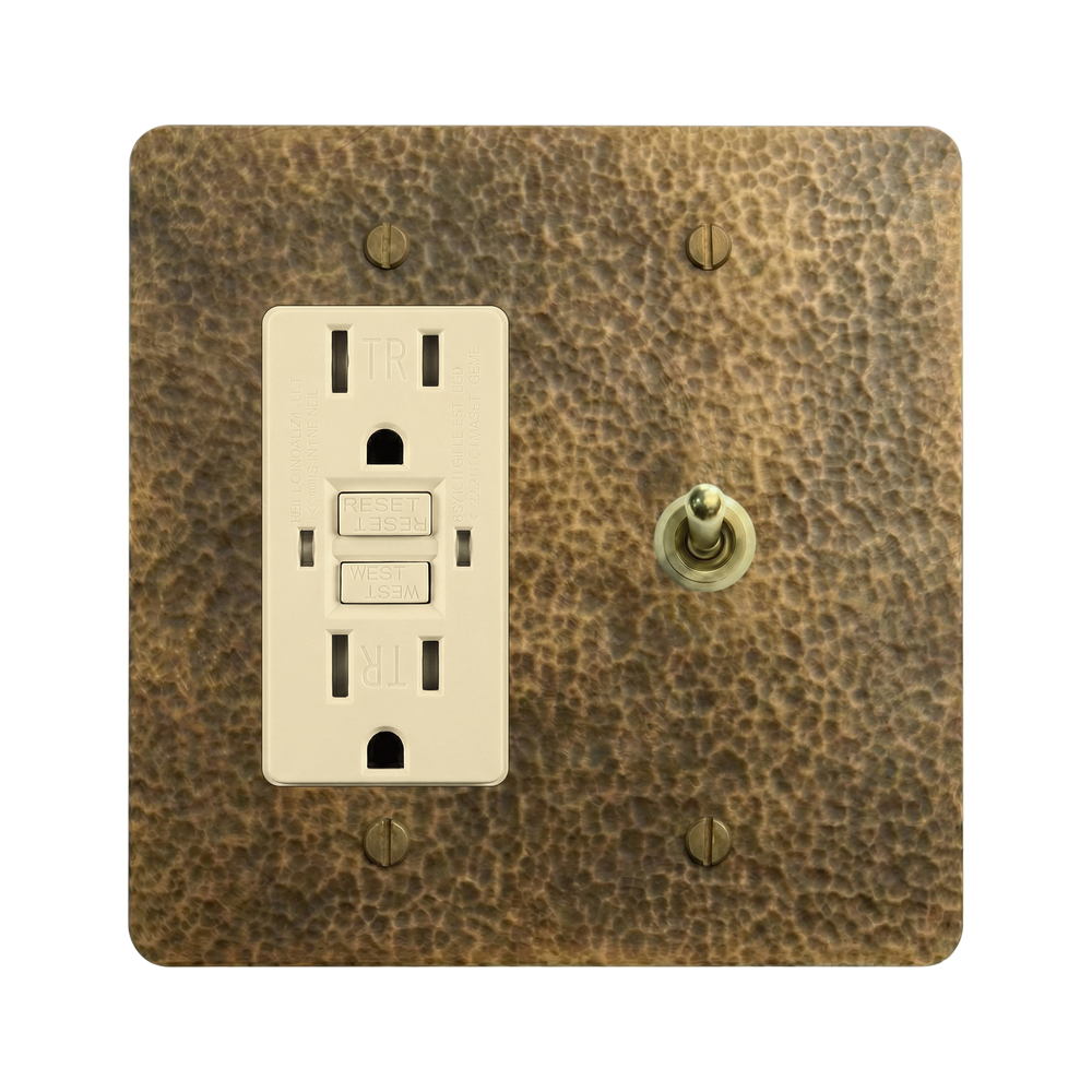 Hammered Brass 2-Gang GFCI Outlet & Vintage Toggle Switch Plate in Ivory