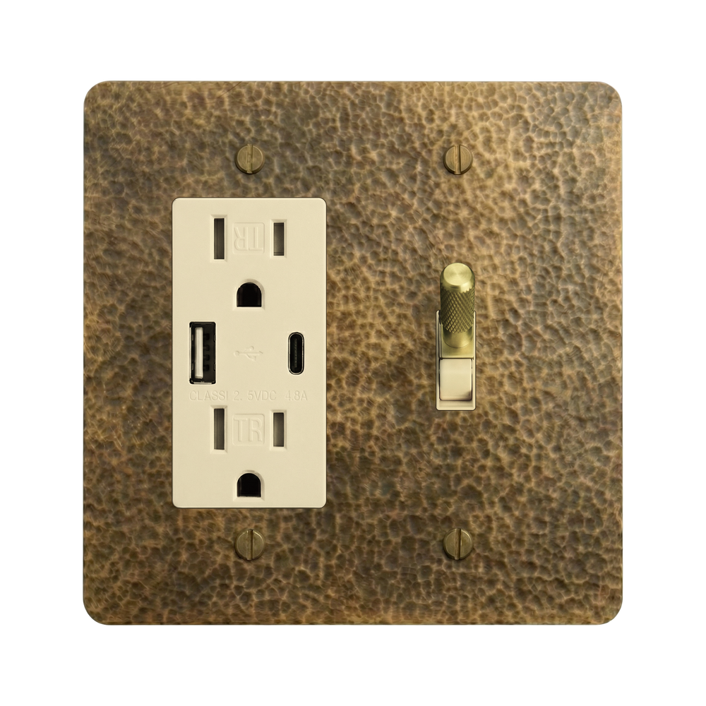 Hammered Brass 2-Gang USB Outlet & Toggle Switch Plate in Ivory
