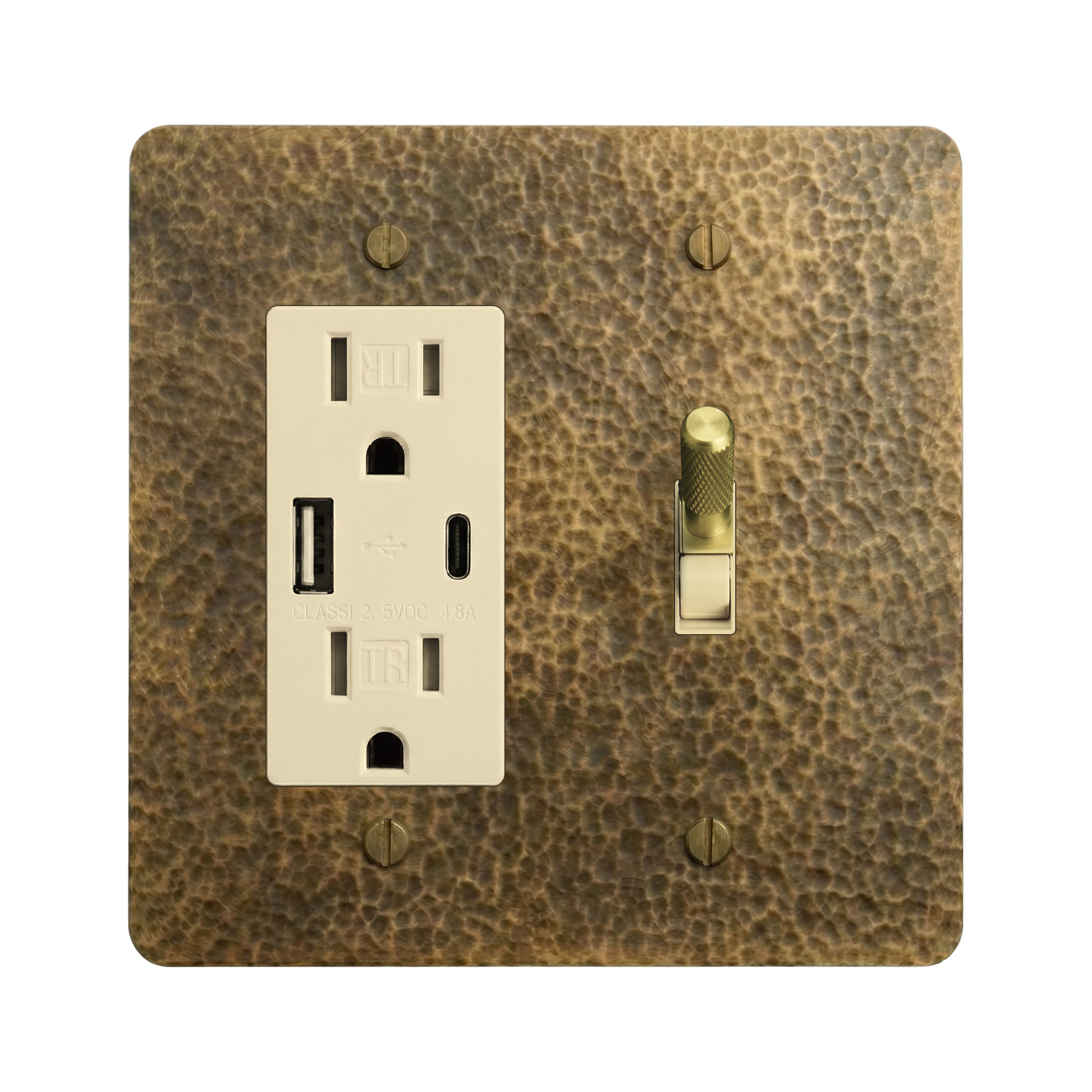 Hammered Brass 2-Gang USB Outlet & Toggle Switch Plate in Ivory