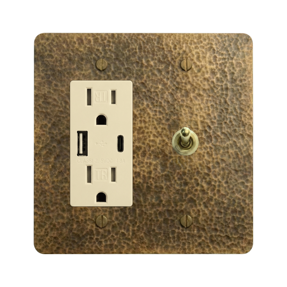 Hammered Brass 2-Gang USB Outlet & Vintage Toggle Switch Plate in Ivory