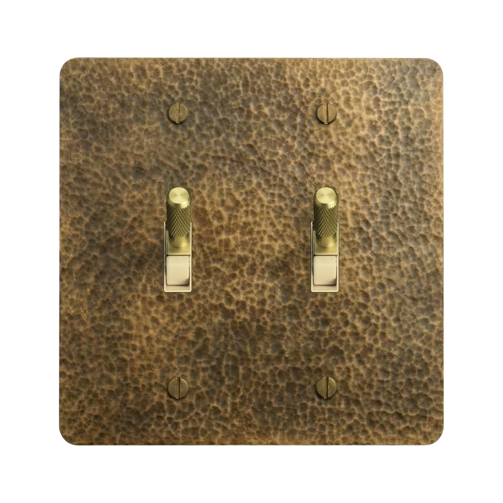 Hammered Brass 2-Gang Toggle & Toggle Switch Plate in Ivory