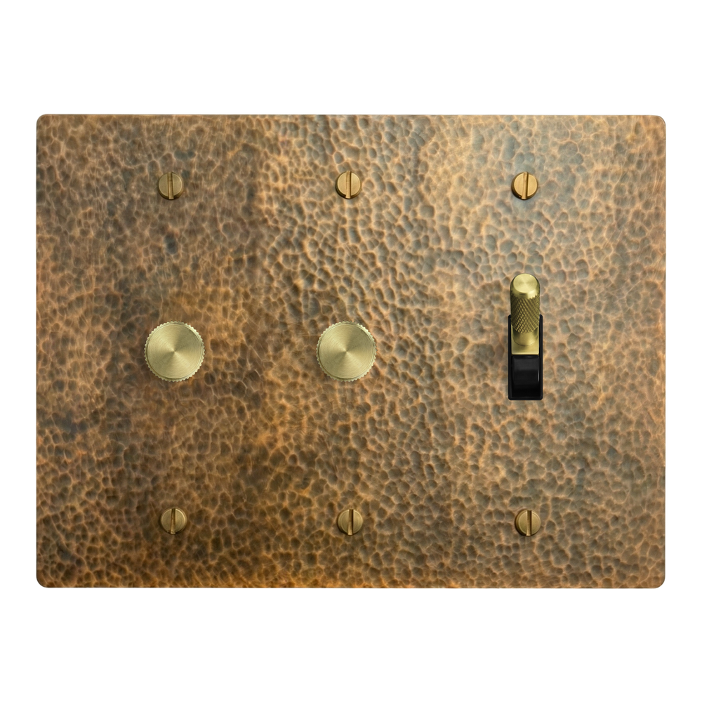 Hammered Brass 3-Gang Dimmer, Dimmer & Toggle Switch Plate in Black