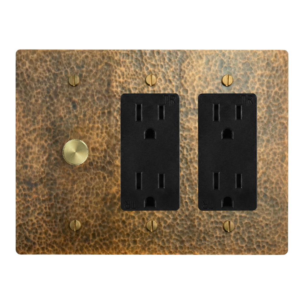Hammered Brass 3-Gang Dimmer, Duplex Outlet & Duplex Outlet Switch Plate in Black