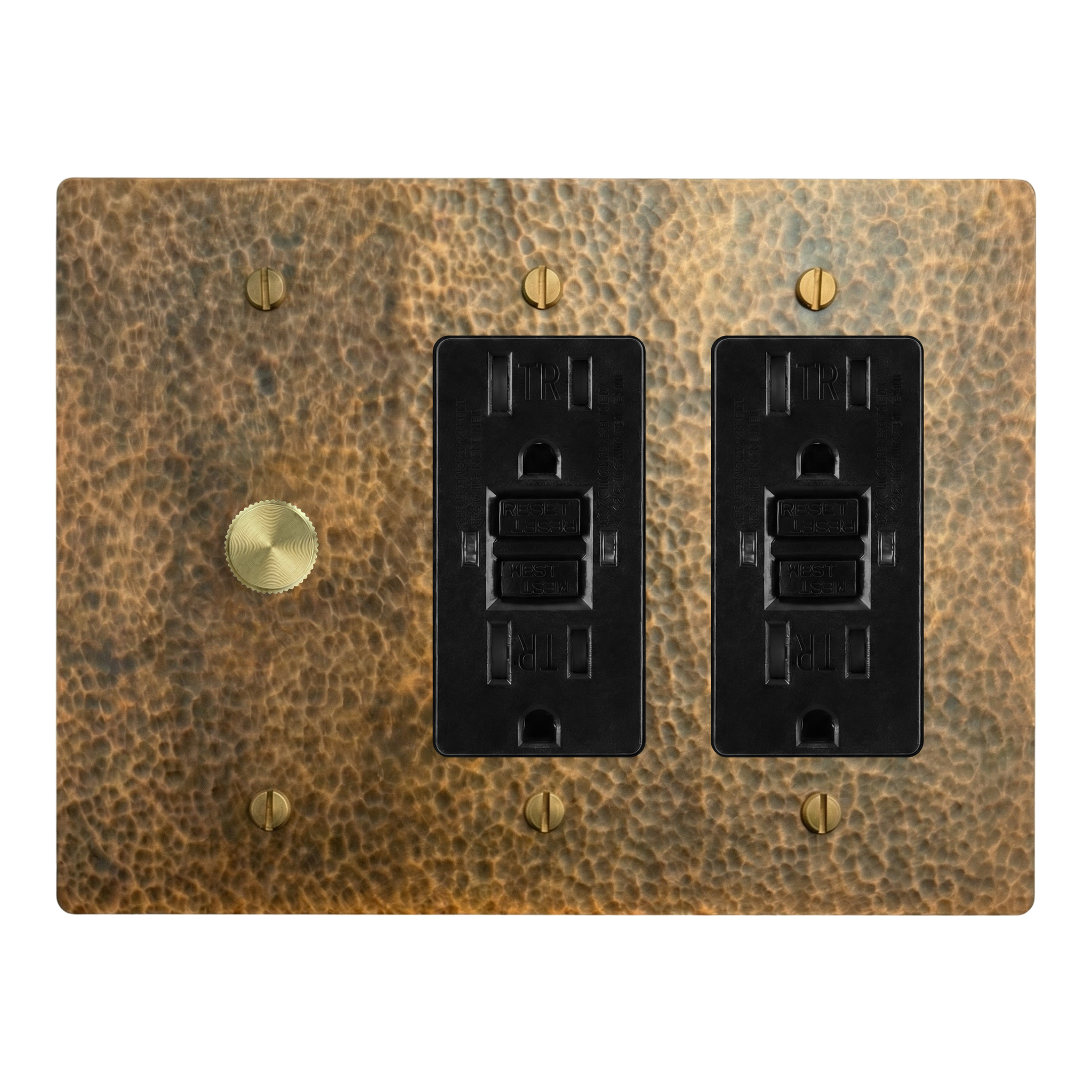 Hammered Brass 3-Gang Dimmer, GFCI Outlet & GFCI Outlet Switch Plate in Black