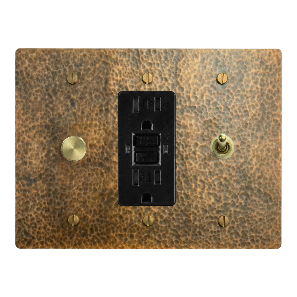 Hammered Brass 3-Gang Dimmer, GFCI Outlet & Vintage Toggle Switch Plate in Black