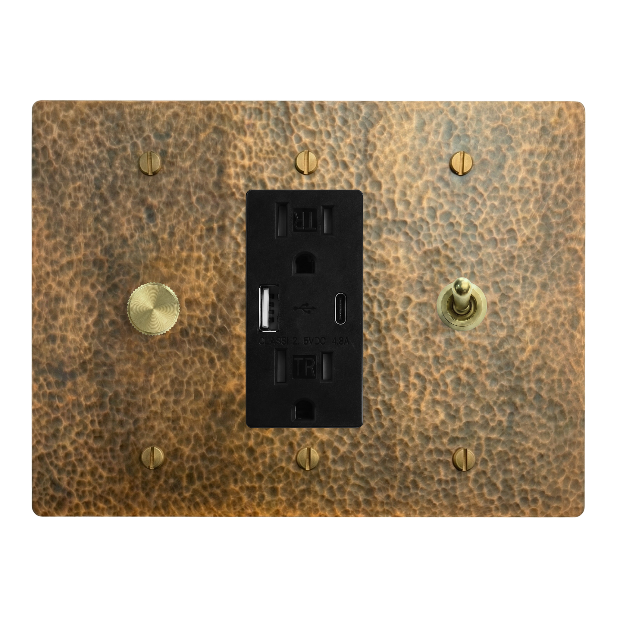 Hammered Brass 3-Gang Dimmer, USB Outlet & Vintage Toggle Switch Plate in Black