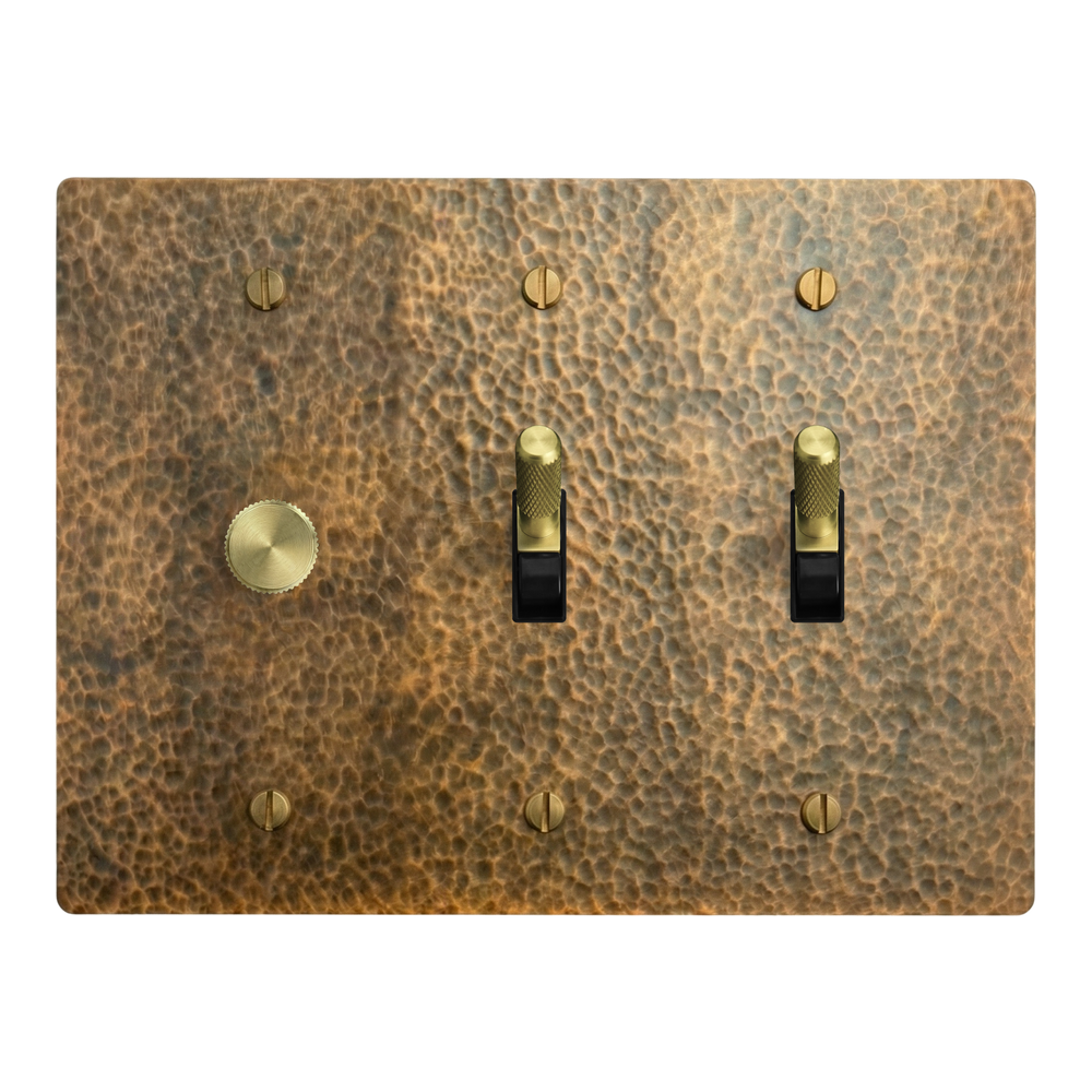 Hammered Brass 3-Gang Dimmer, Toggle & Toggle Switch Plate in Black