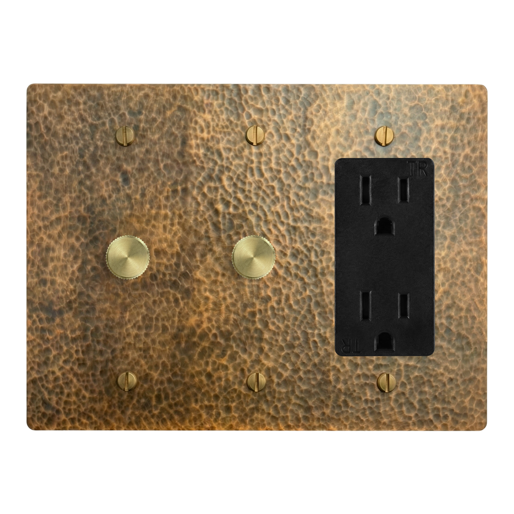 Hammered Brass 3-Gang Dimmer, Dimmer & Duplex Outlet Switch Plate in Black