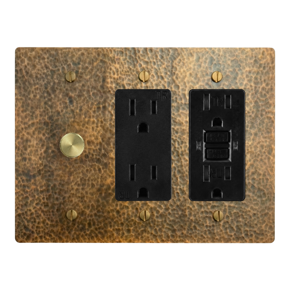 Hammered Brass 3-Gang Dimmer, Duplex Outlet & GFCI Outlet Switch Plate in Black
