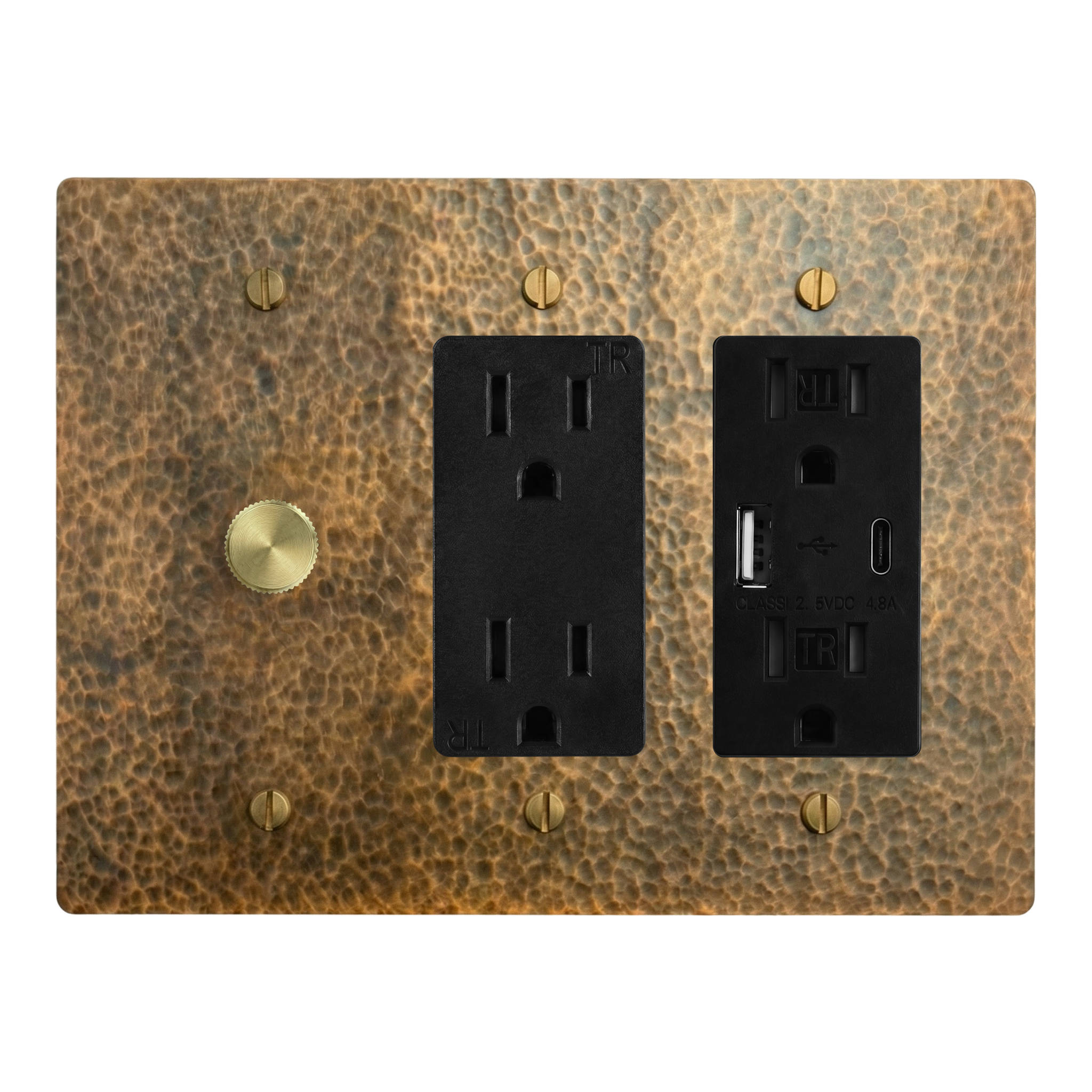 Hammered Brass 3-Gang Dimmer, Duplex Outlet & USB Outlet Switch Plate in Black