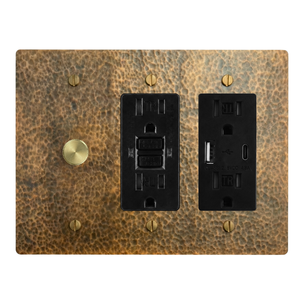 Hammered Brass 3-Gang Dimmer, GFCI Outlet & USB Outlet Switch Plate in Black