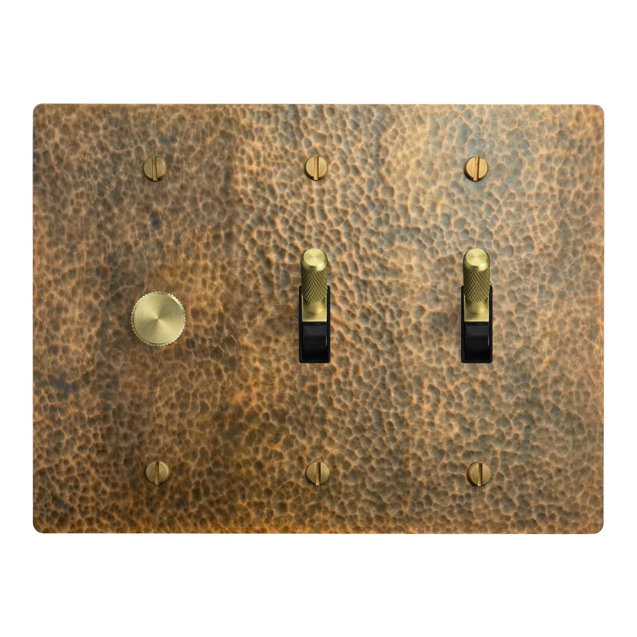 Hammered Brass 3-Gang Dimmer, Toggle & Toggle Switch Plate in Black