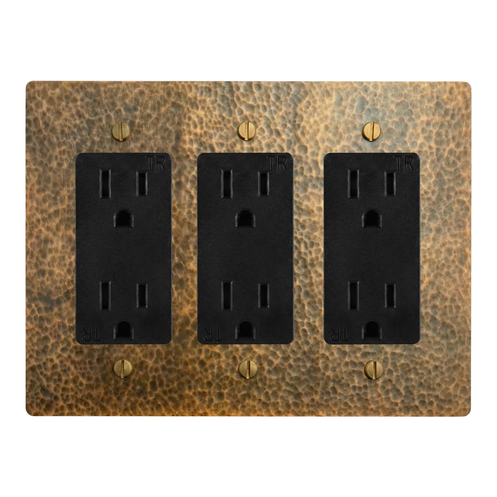 Hammered Brass 3-Gang Duplex Outlet, Duplex Outlet & Duplex Outlet Switch Plate in Black