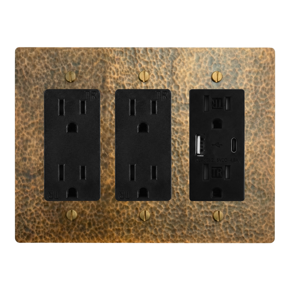 Hammered Brass 3-Gang Duplex Outlet, Duplex Outlet & USB Outlet Switch Plate in Black