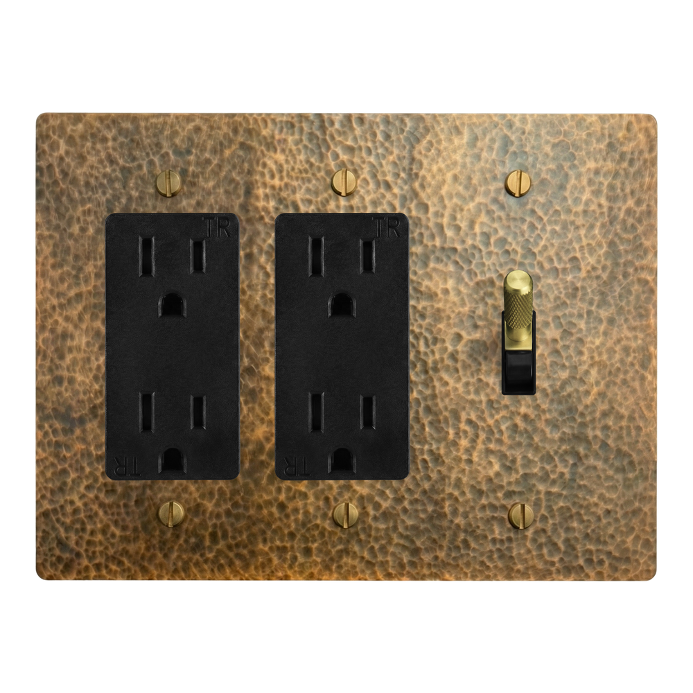 Hammered Brass 3-Gang Duplex Outlet, Duplex Outlet & Toggle Switch Plate in Black