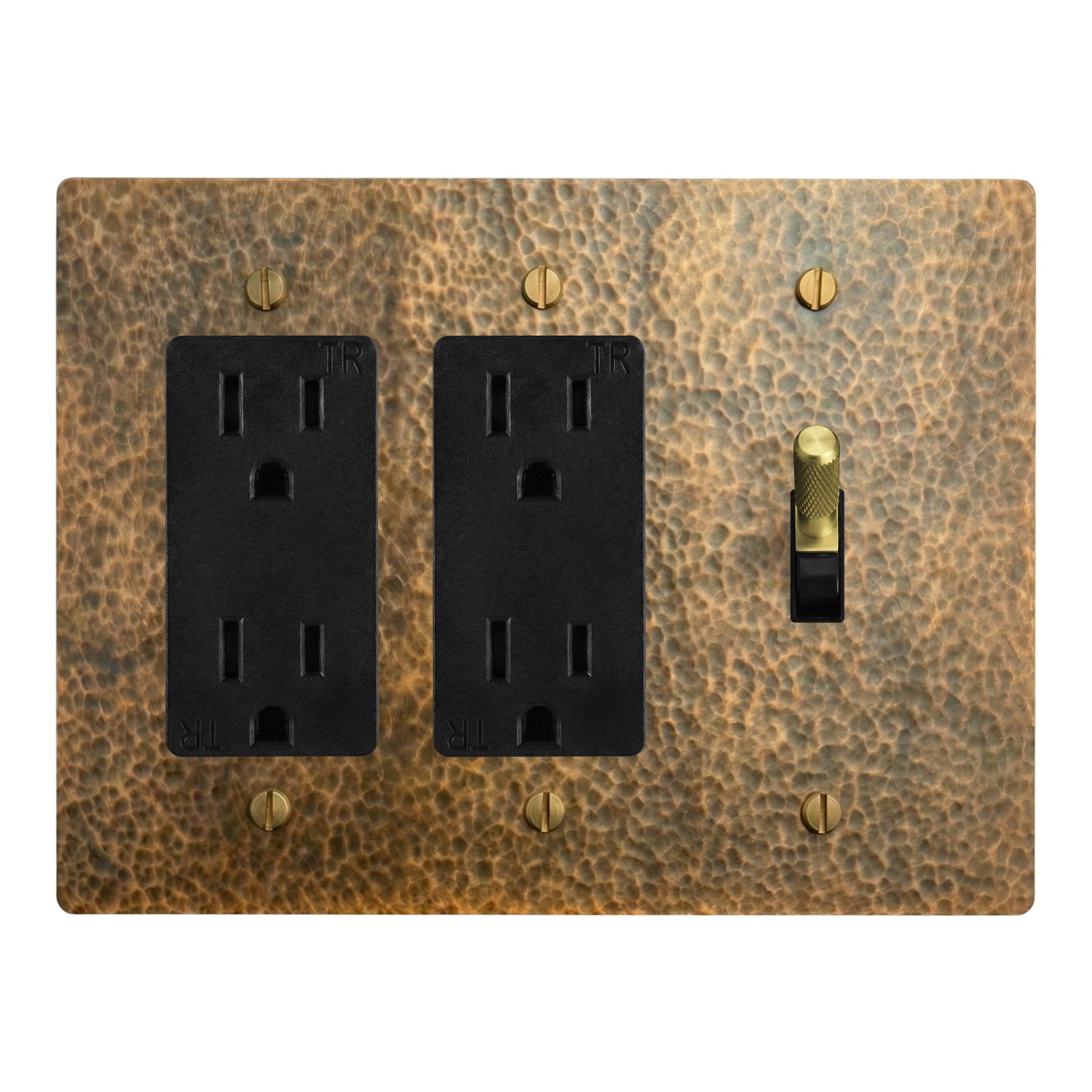 Hammered Brass 3-Gang Duplex Outlet, Duplex Outlet & Toggle Switch Plate in Black