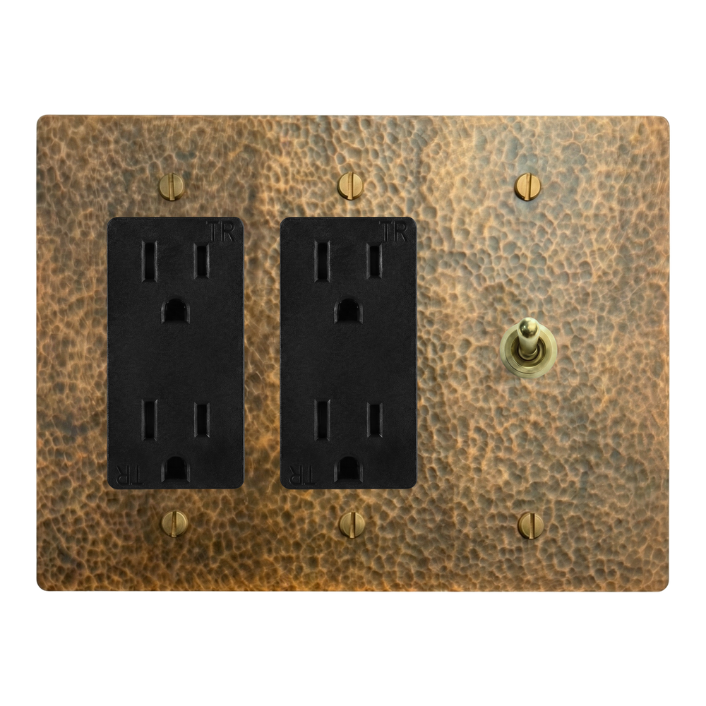 Hammered Brass 3-Gang Duplex Outlet, Duplex Outlet & Vintage Toggle Switch Plate in Black