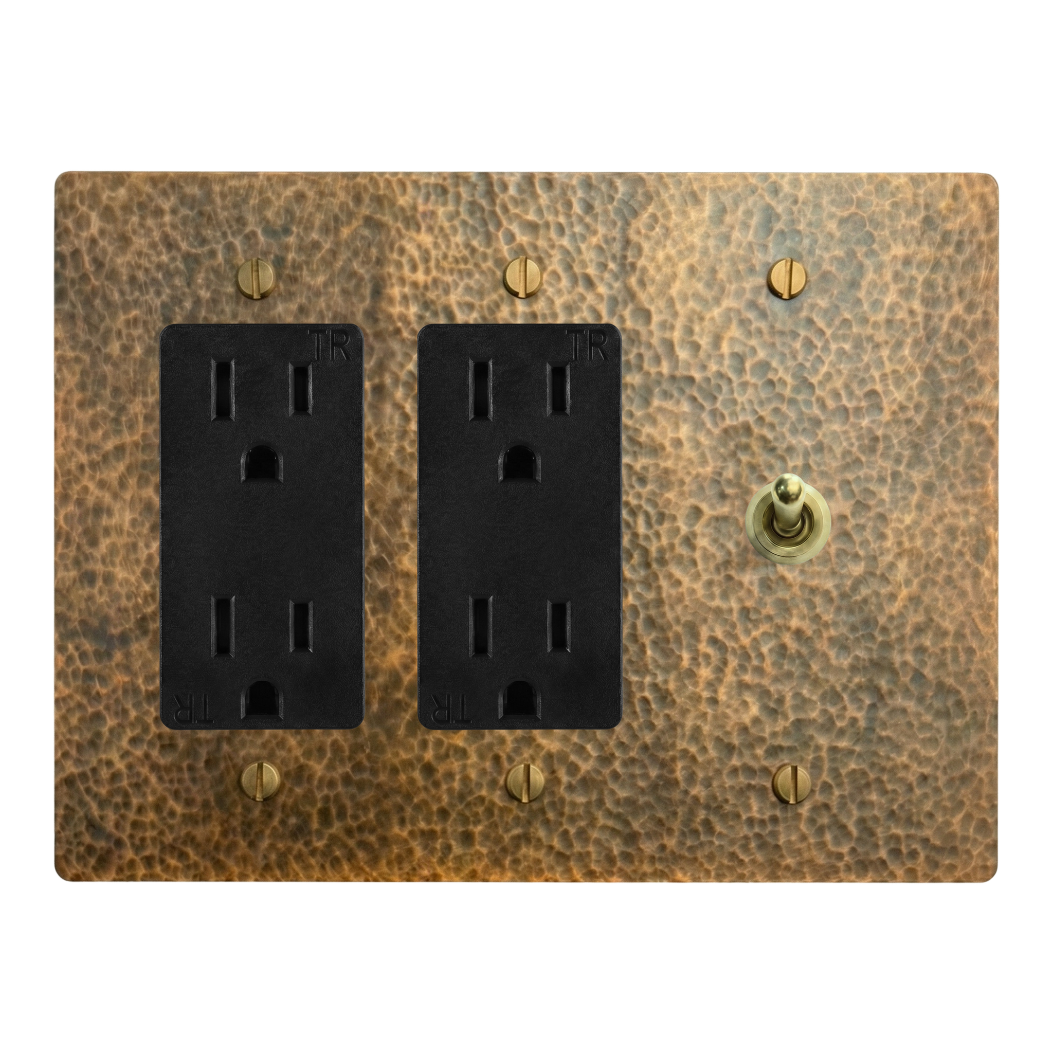 Hammered Brass 3-Gang Duplex Outlet, Duplex Outlet & Vintage Toggle Switch Plate in Black