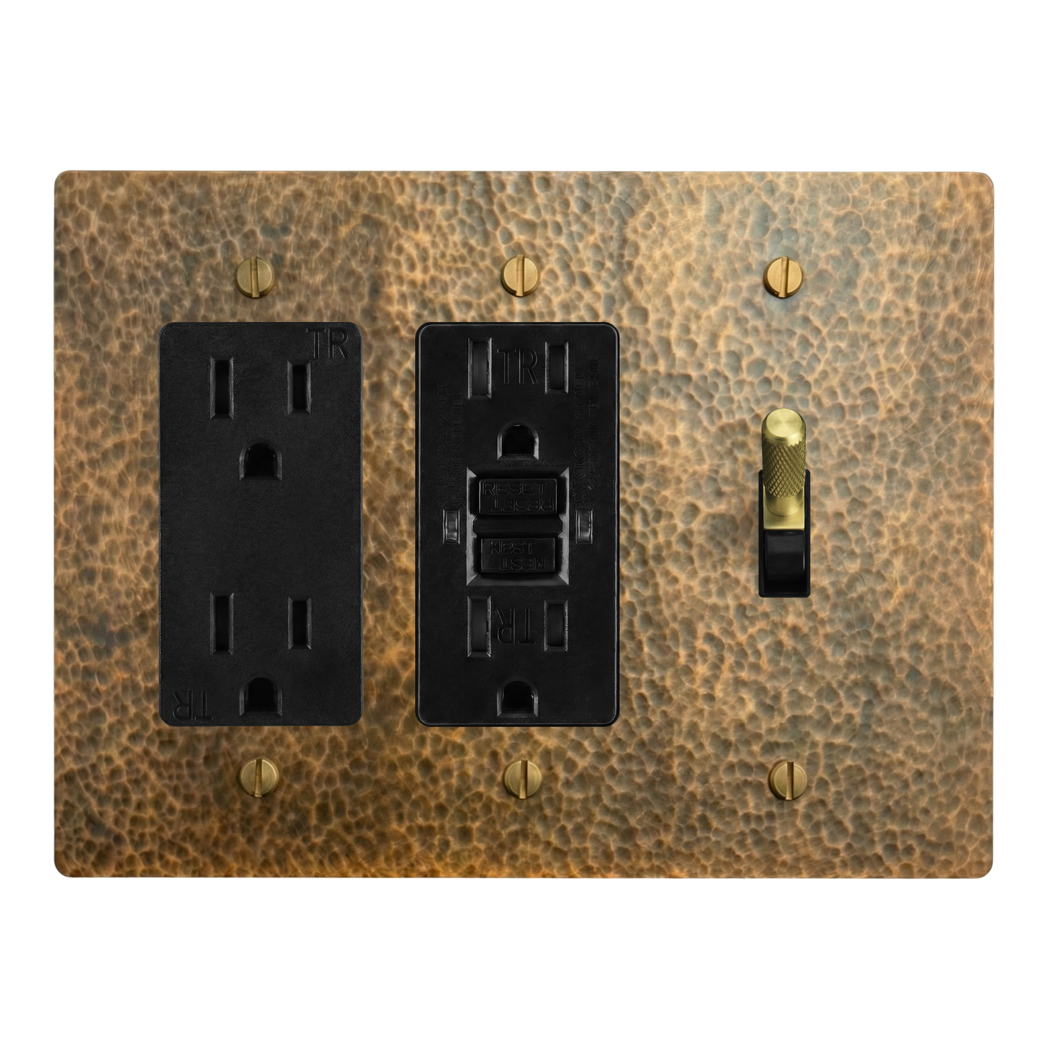 Hammered Brass 3-Gang Duplex Outlet, GFCI Outlet & Toggle Switch Plate in Black