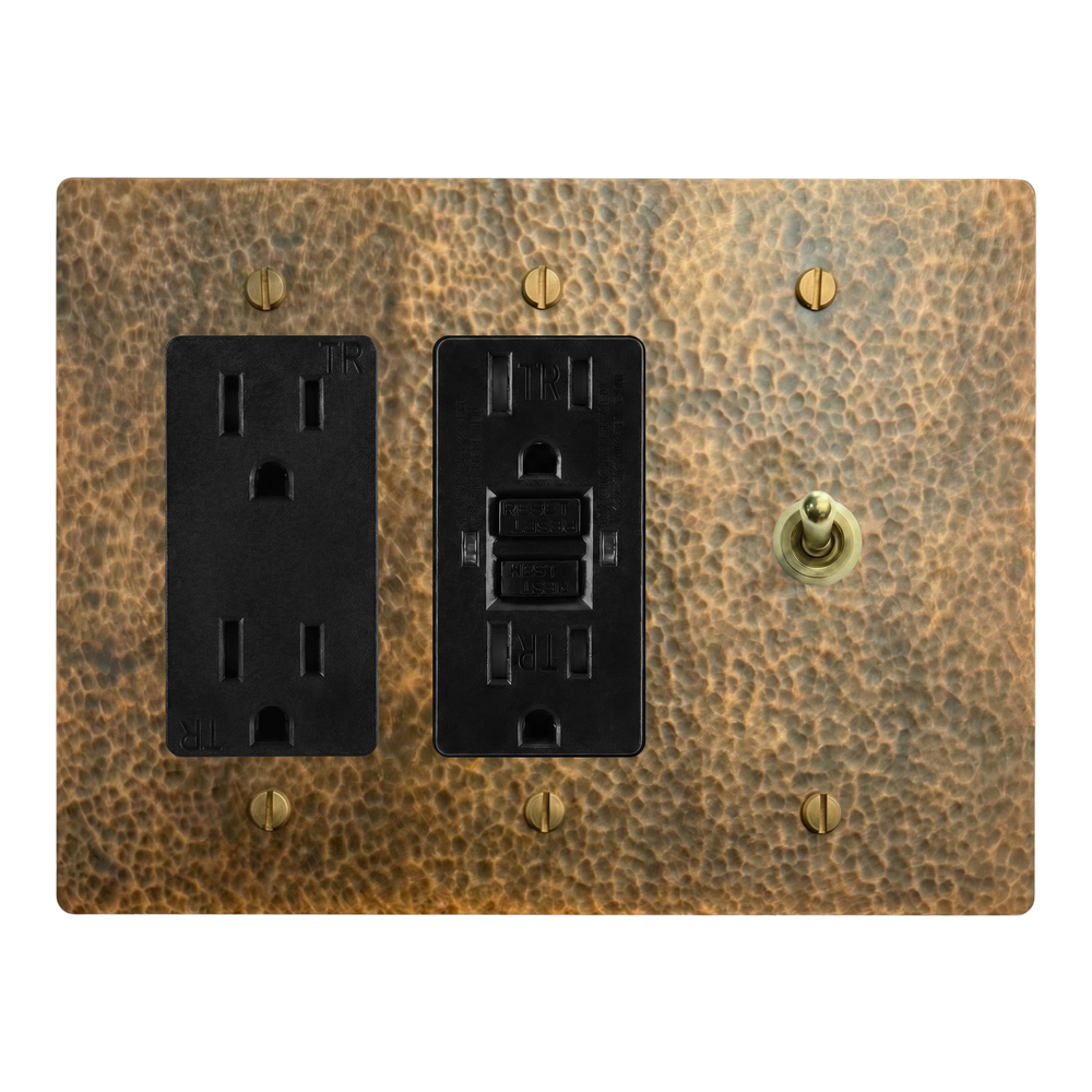 Hammered Brass 3-Gang Duplex Outlet, GFCI Outlet & Vintage Toggle Switch Plate in Black