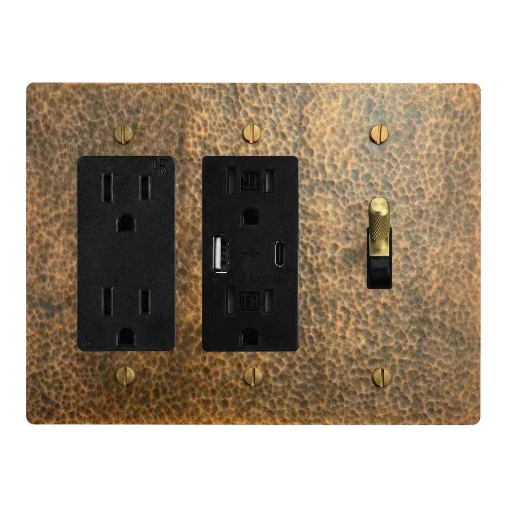 Hammered Brass 3-Gang Duplex Outlet, USB Outlet & Toggle Switch Plate in Black