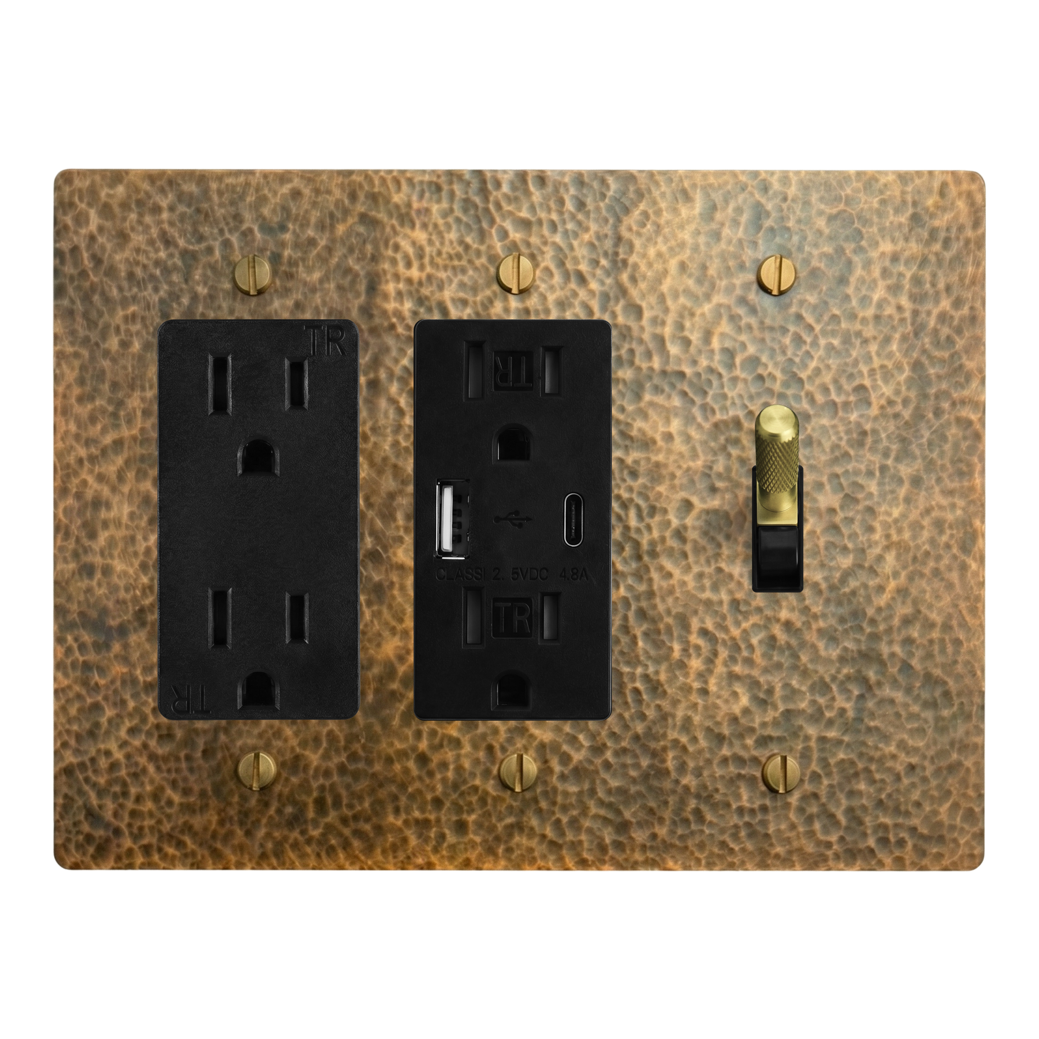 Hammered Brass 3-Gang Duplex Outlet, USB Outlet & Toggle Switch Plate in Black