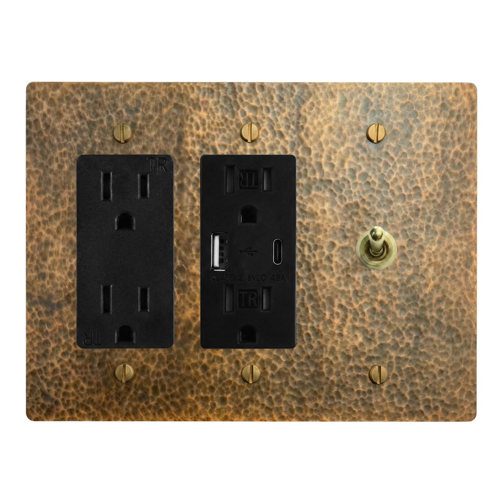 Hammered Brass 3-Gang Duplex Outlet, USB Outlet & Vintage Toggle Switch Plate in Black