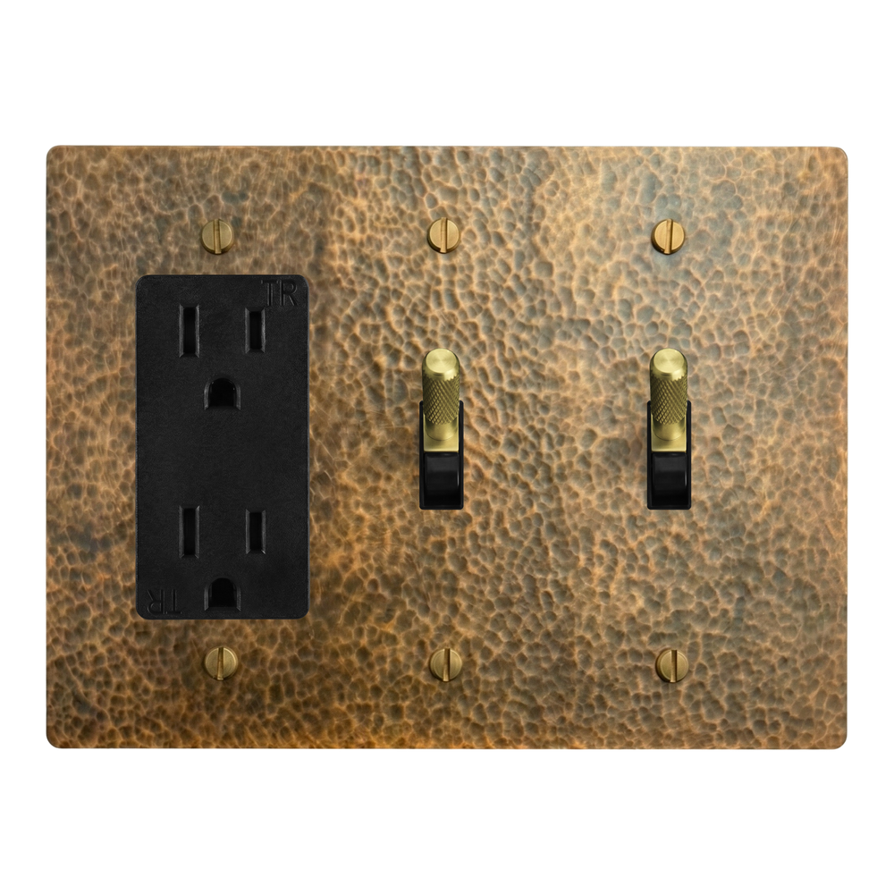 Hammered Brass 3-Gang Duplex Outlet, Toggle & Toggle Switch Plate in Black