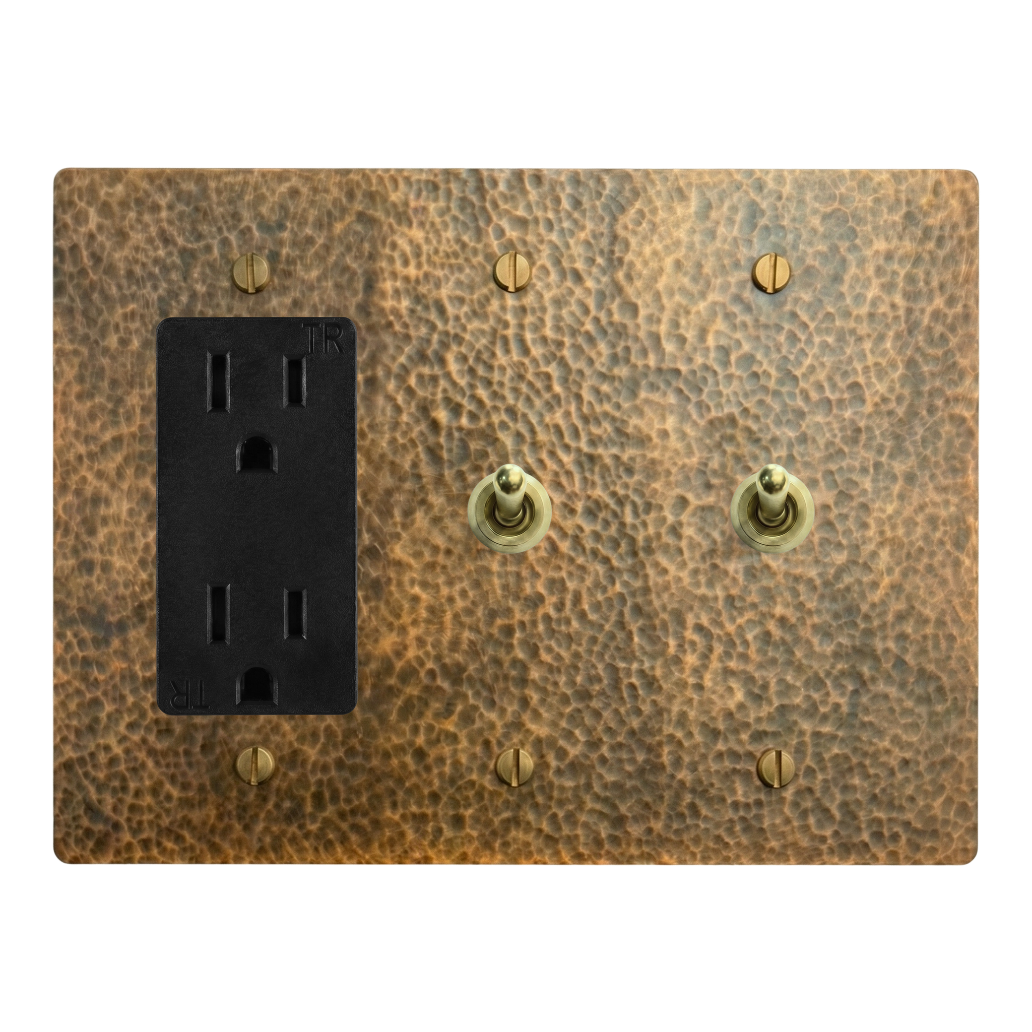 Hammered Brass 3-Gang Duplex Outlet, Vintage Toggle & Vintage Toggle Switch Plate in Black