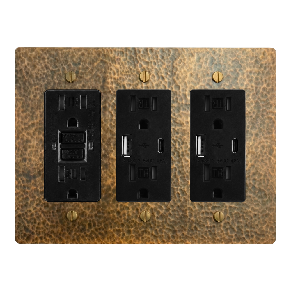 Hammered Brass 3-Gang GFCI Outlet, USB Outlet & USB Outlet Switch Plate in Black