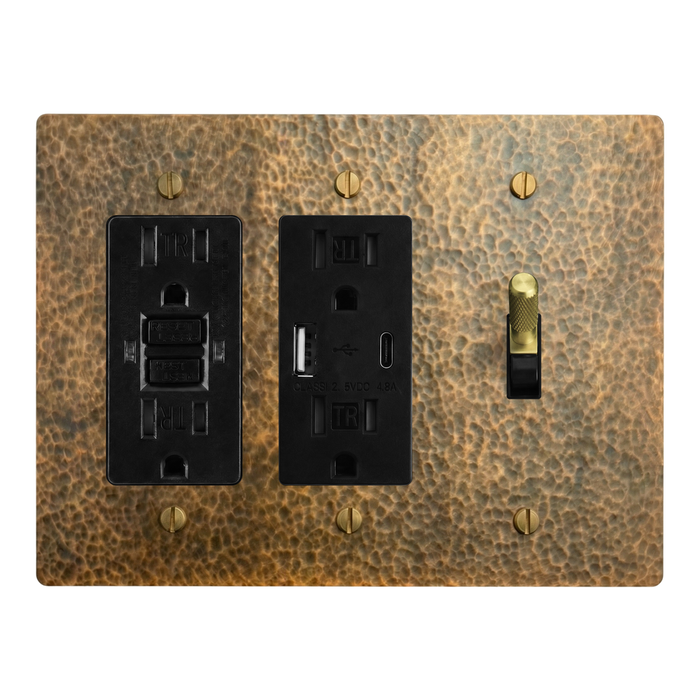 Hammered Brass 3-Gang GFCI Outlet, USB Outlet & Toggle Switch Plate in Black