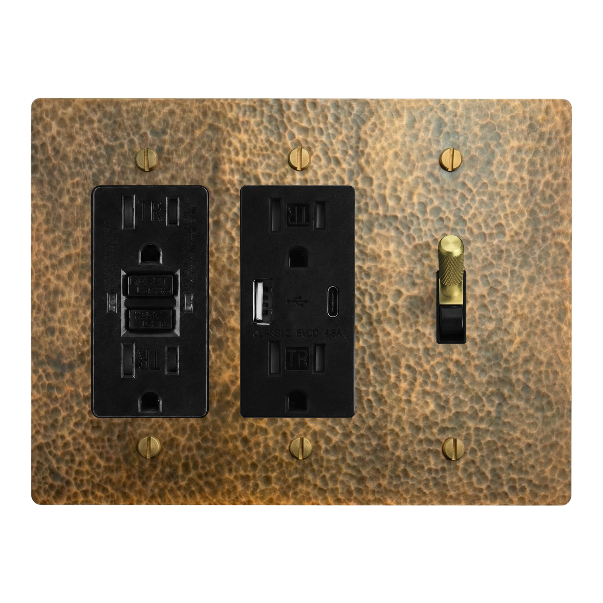 Hammered Brass 3-Gang GFCI Outlet, USB Outlet & Toggle Switch Plate in Black