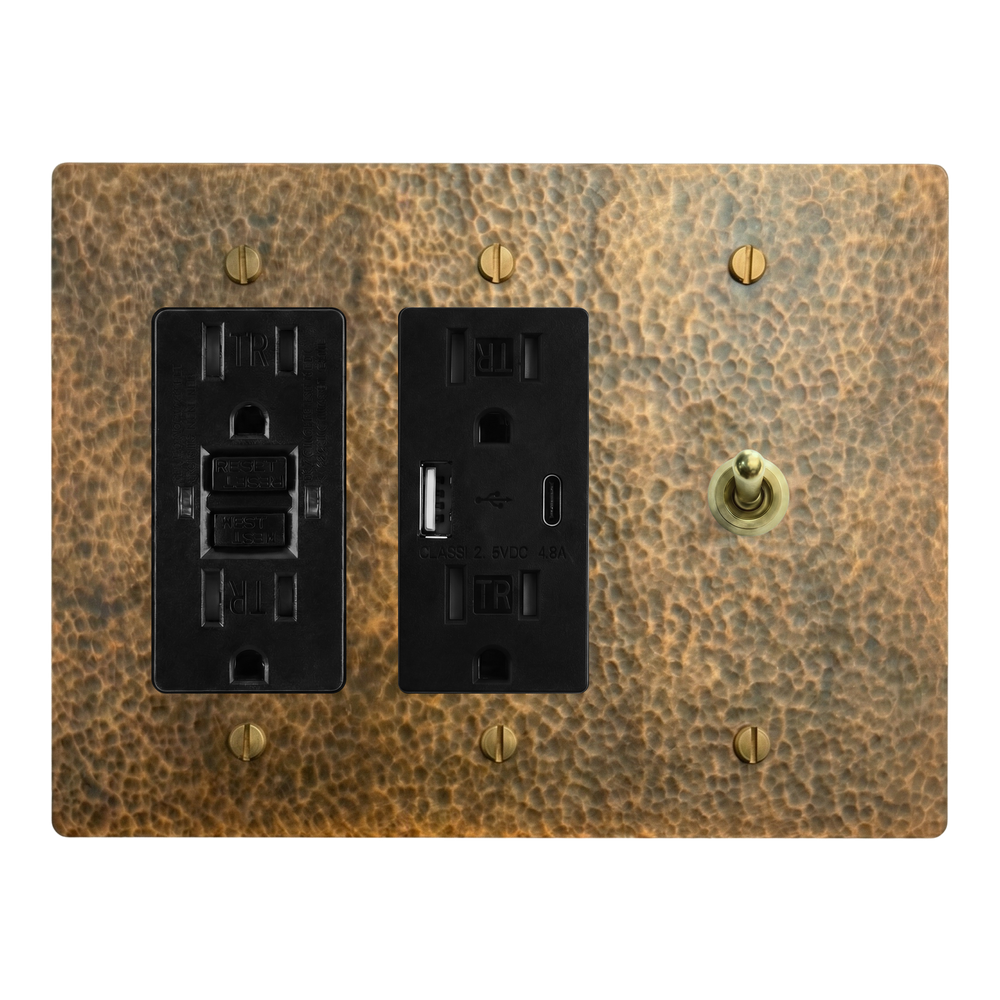 Hammered Brass 3-Gang GFCI Outlet, USB Outlet & Vintage Toggle Switch Plate in Black