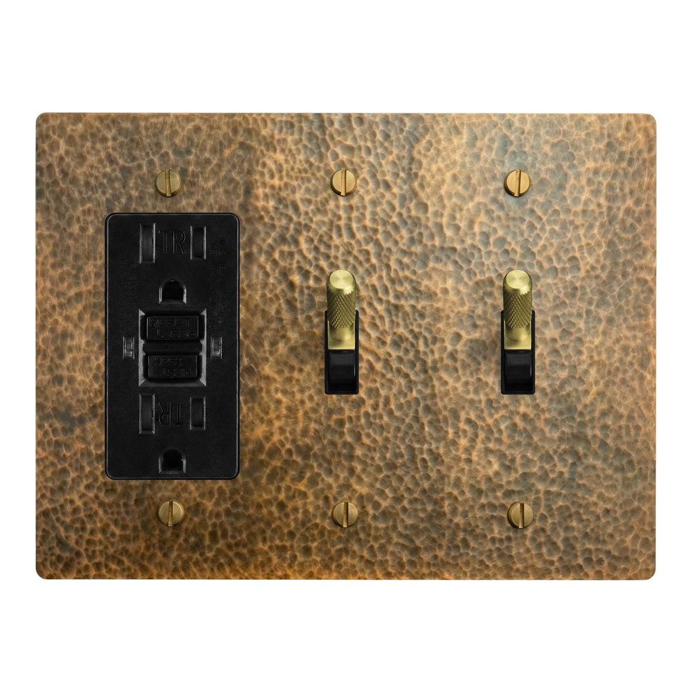 Hammered Brass 3-Gang GFCI Outlet, Toggle & Toggle Switch Plate in Black