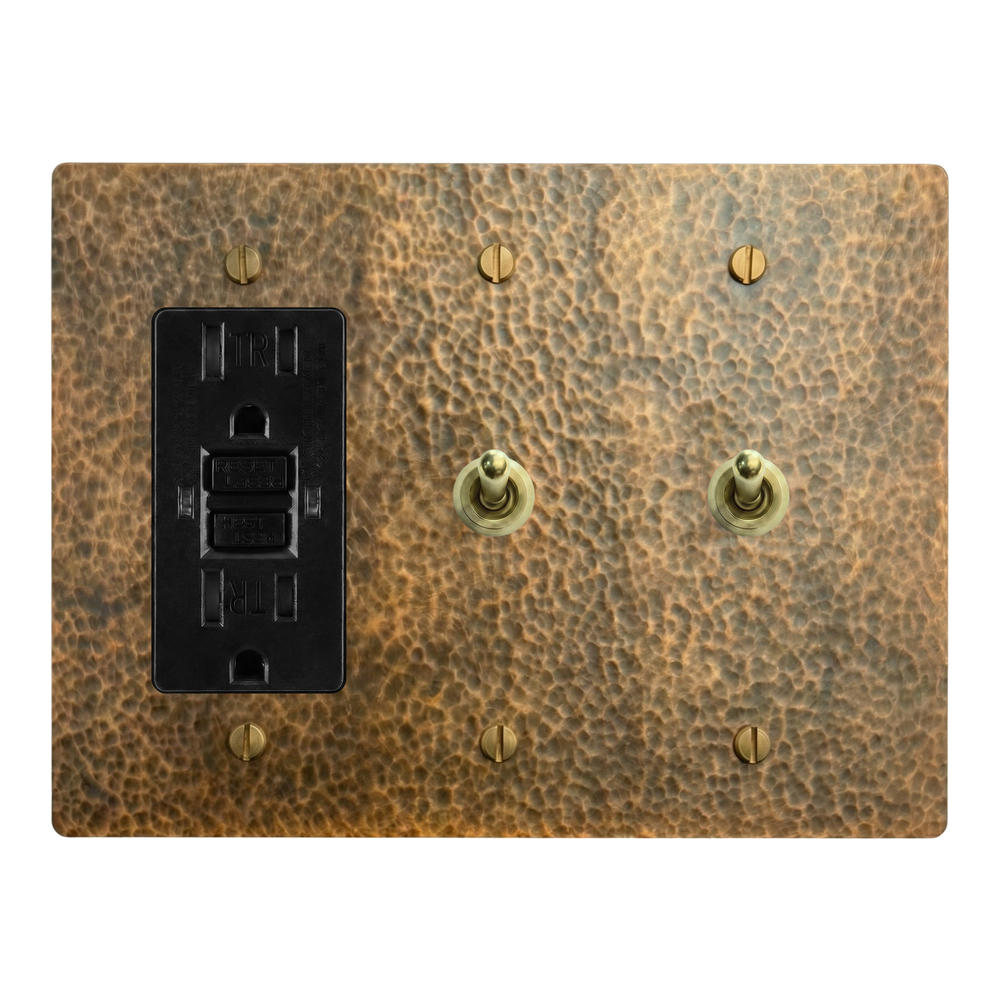 Hammered Brass 3-Gang GFCI Outlet, Vintage Toggle & Vintage Toggle Switch Plate in Black