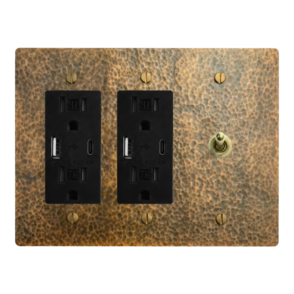 Hammered Brass 3-Gang USB Outlet, USB Outlet & Vintage Toggle Switch Plate in Black