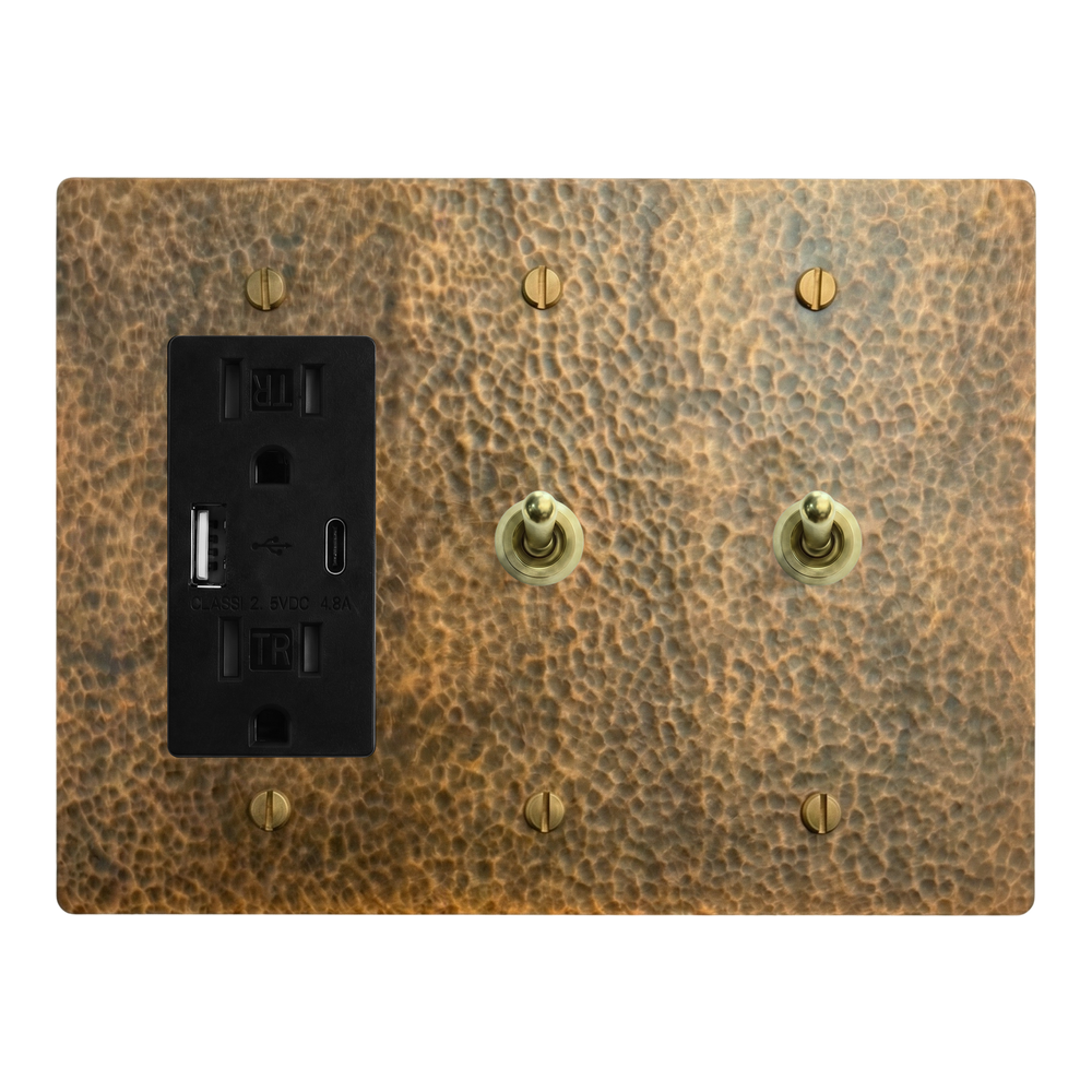 Hammered Brass 3-Gang USB Outlet, Vintage Toggle & Vintage Toggle Switch Plate in Black