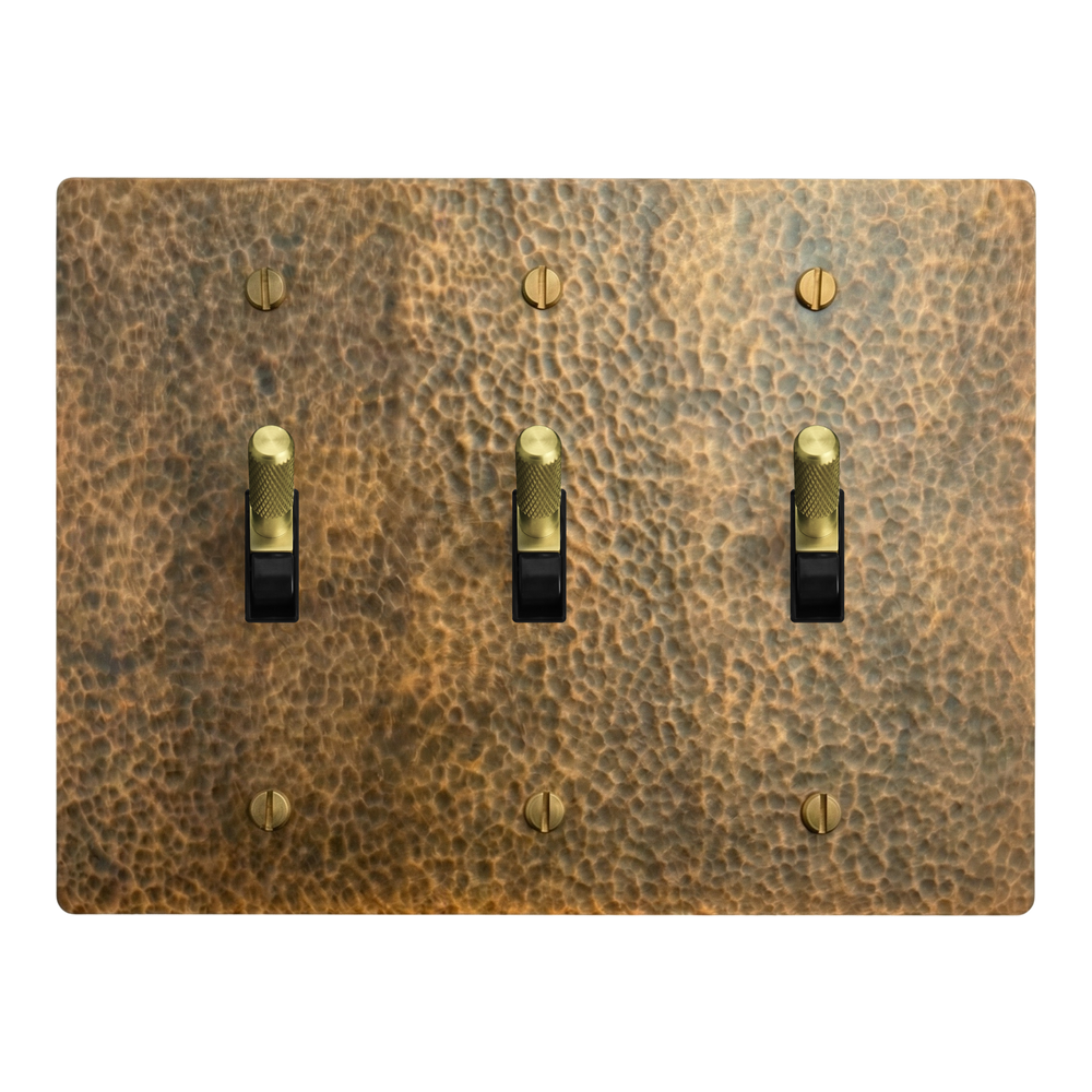 Hammered Brass 3-Gang Toggle, Toggle & Toggle Switch Plate in Black
