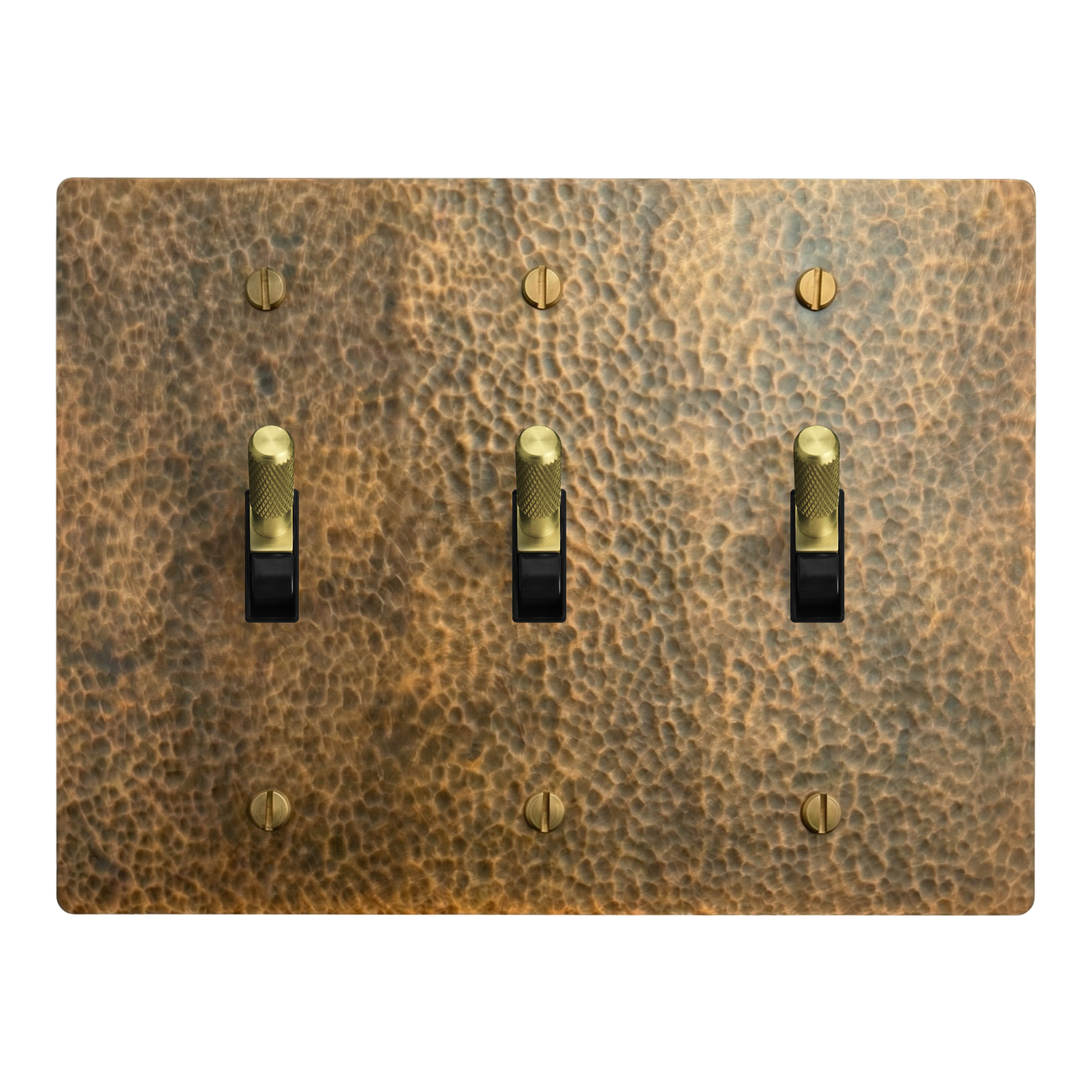 Hammered Brass 3-Gang Toggle, Toggle & Toggle Switch Plate in Black