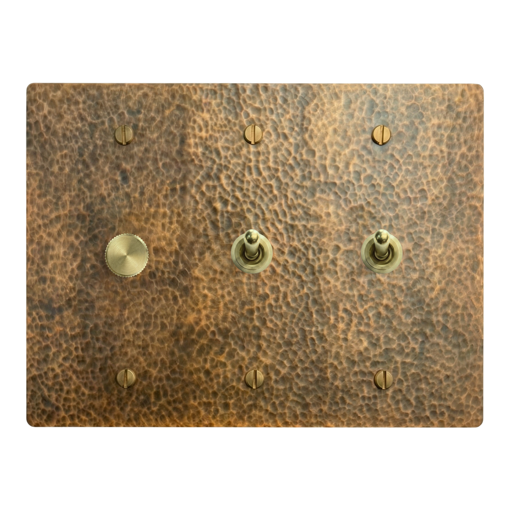 Hammered Brass 3-Gang Dimmer, Vintage Toggle & Vintage Toggle Switch Plate