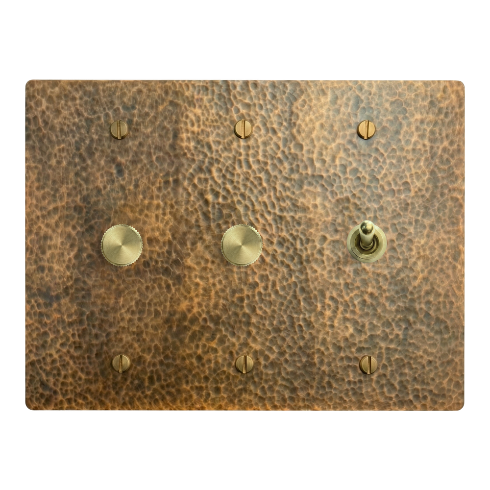 Hammered Brass 3-Gang Dimmer, Dimmer & Vintage Toggle Switch Plate