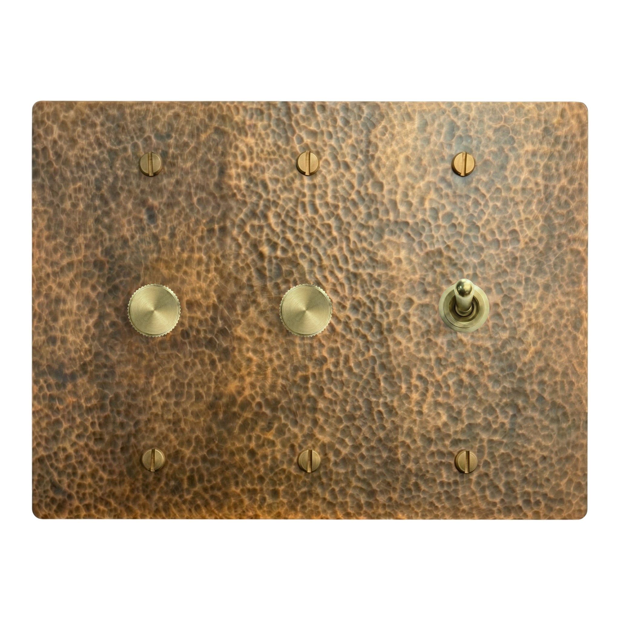 Hammered Brass 3-Gang Dimmer, Dimmer & Vintage Toggle Switch Plate