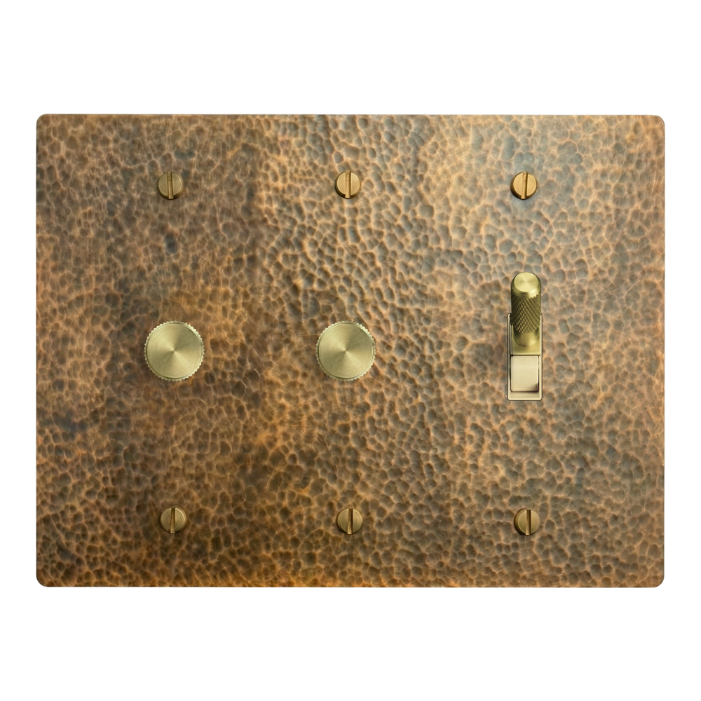Hammered Brass 3-Gang Dimmer, Dimmer & Toggle Switch Plate in Ivory