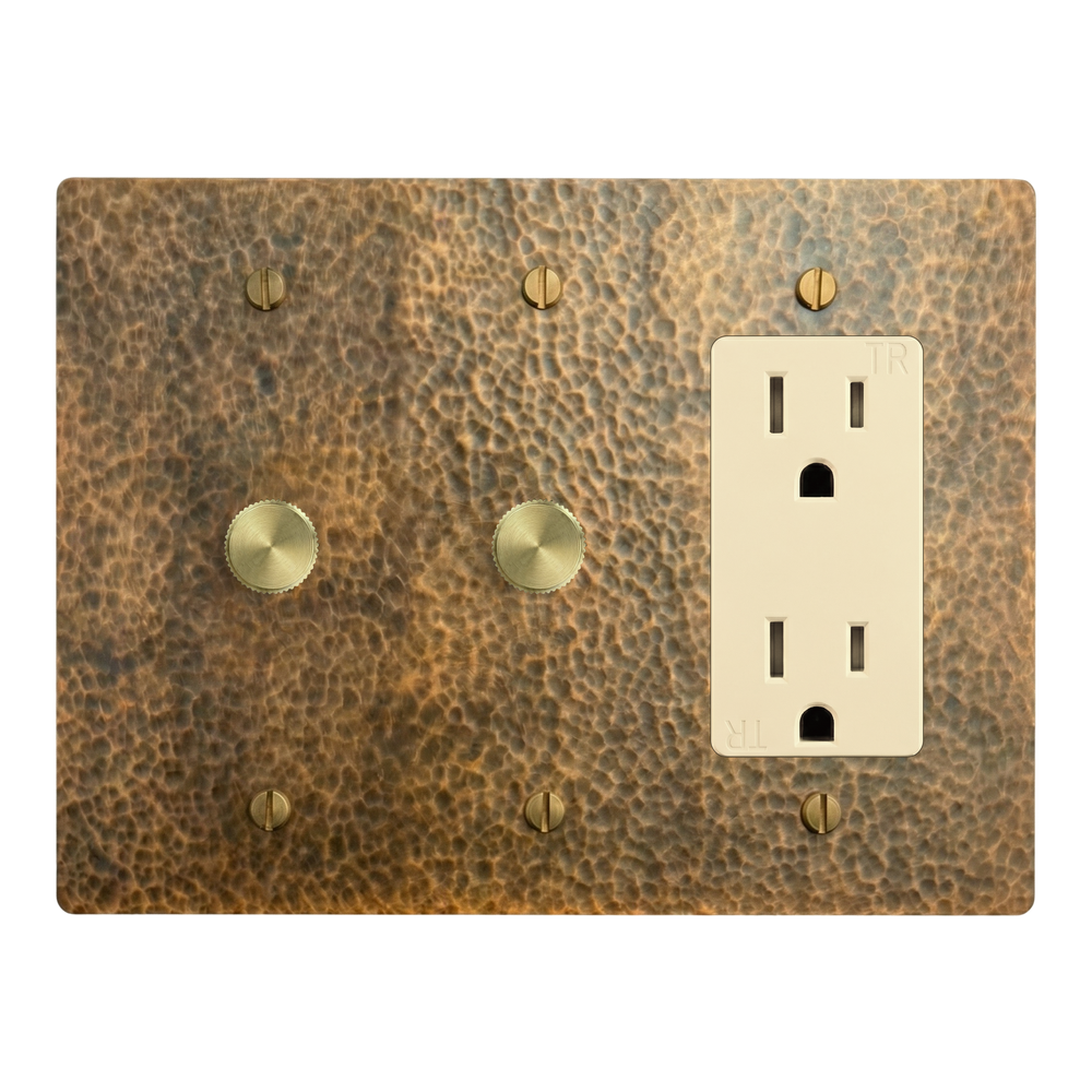 Hammered Brass 3-Gang Dimmer, Dimmer & Duplex Outlet Switch Plate in Ivory