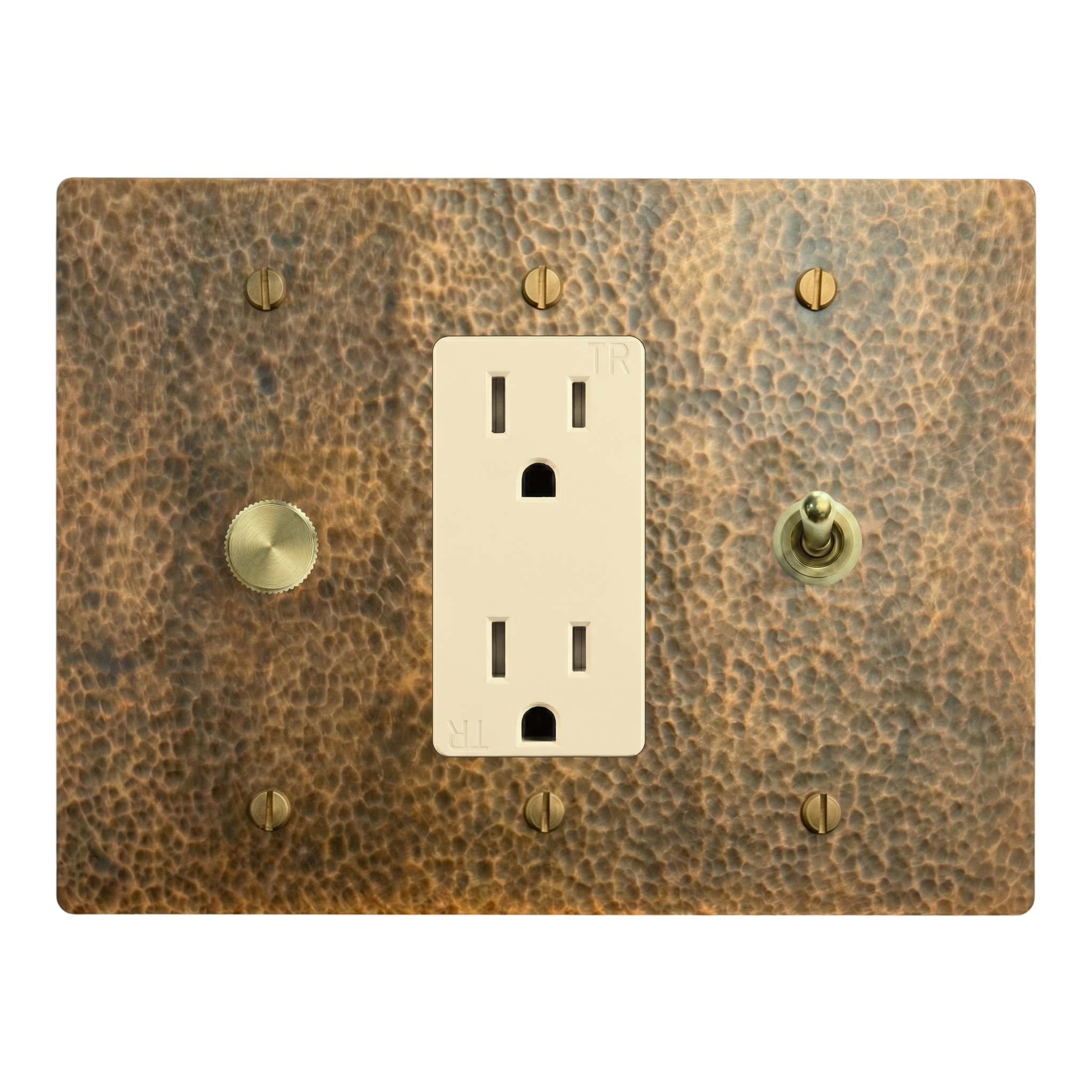 Hammered Brass 3-Gang Dimmer, Duplex Outlet & Vintage Toggle Switch Plate in Ivory
