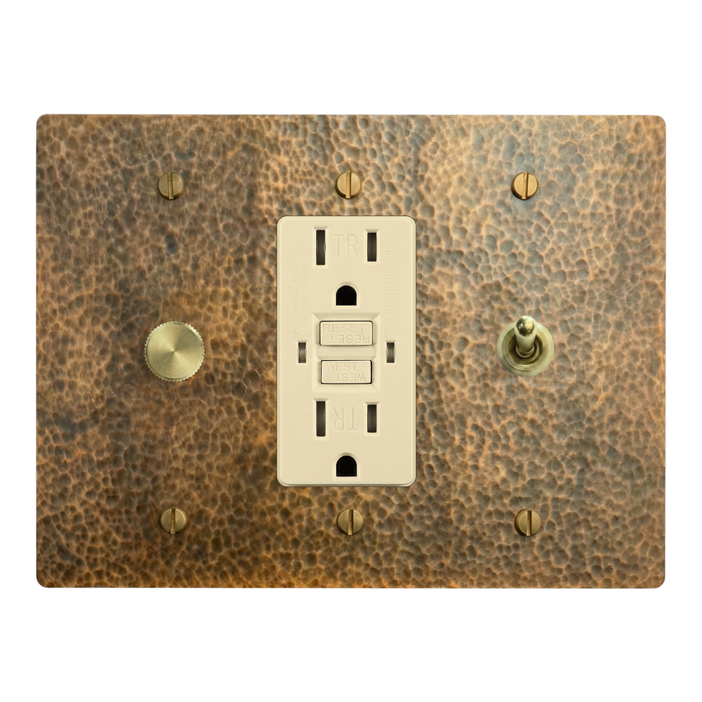 Hammered Brass 3-Gang Dimmer, GFCI Outlet & Vintage Toggle Switch Plate in Ivory