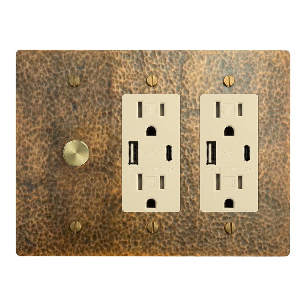 Hammered Brass 3-Gang Dimmer, USB Outlet & USB Outlet Switch Plate in Ivory